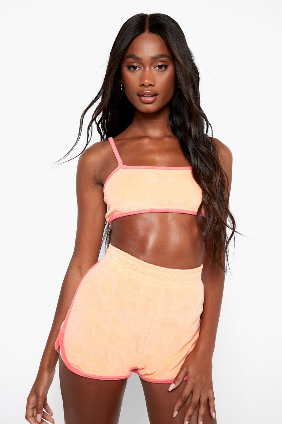 Peach Contrast Towelling Flippy Split Beach Shorts image number 1