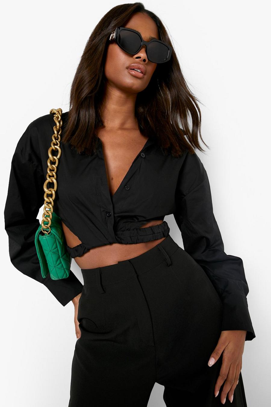 Black Wrap Detail Cut Out Cropped Shirt  image number 1