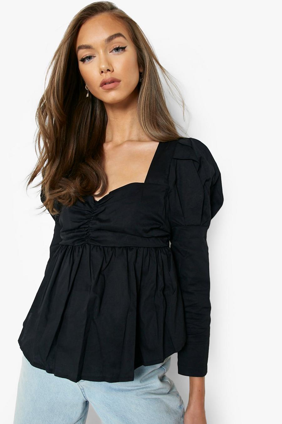Black Puff Sleeve Ruched Front Peplum Top image number 1