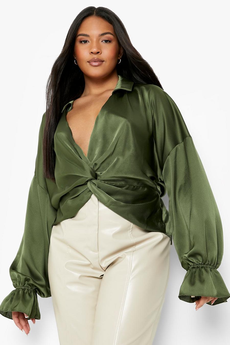 Camicia Plus Size in raso con nodo frontale, Olive verde