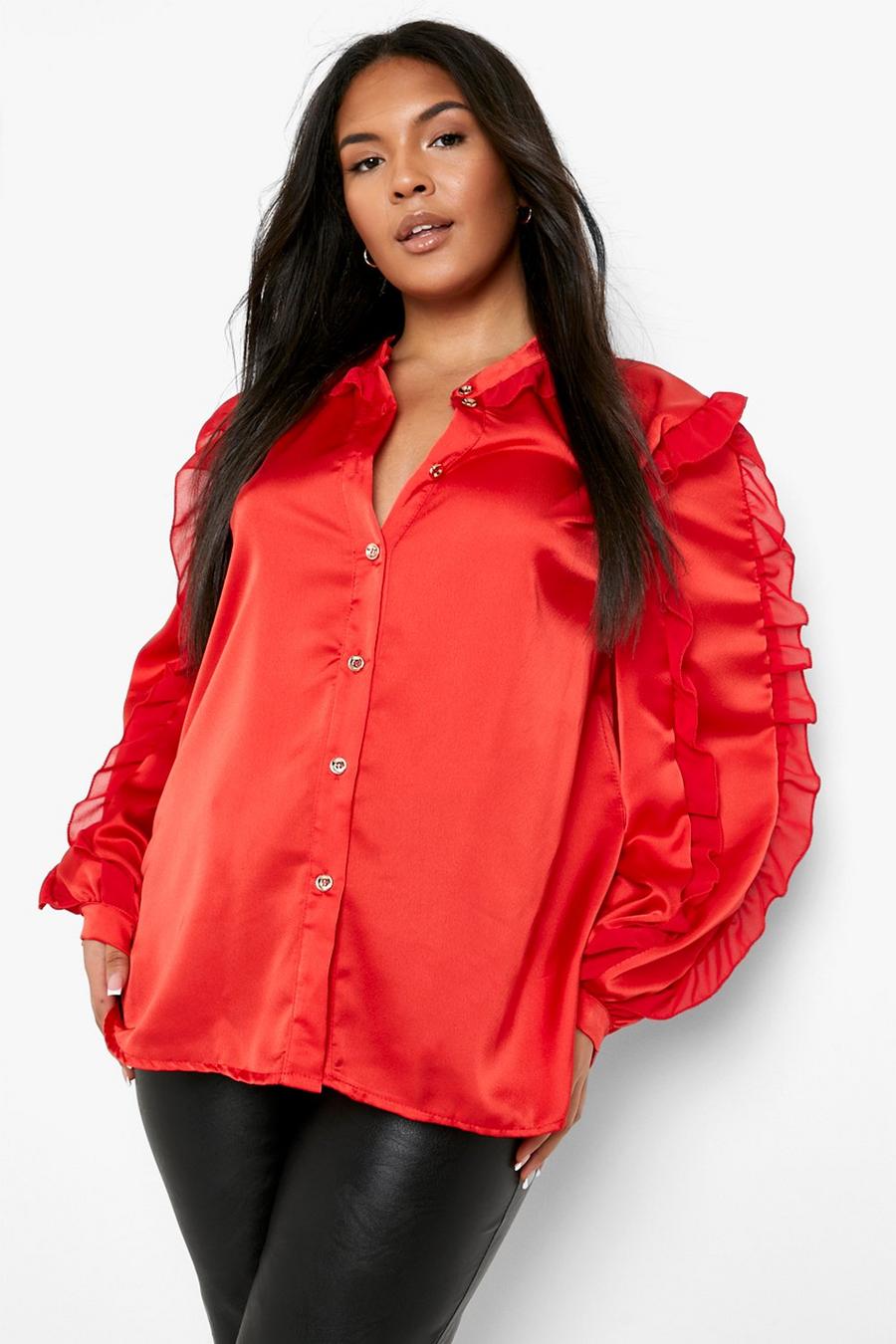 Red Plus Ruffle Sleeve Satin Shirt image number 1