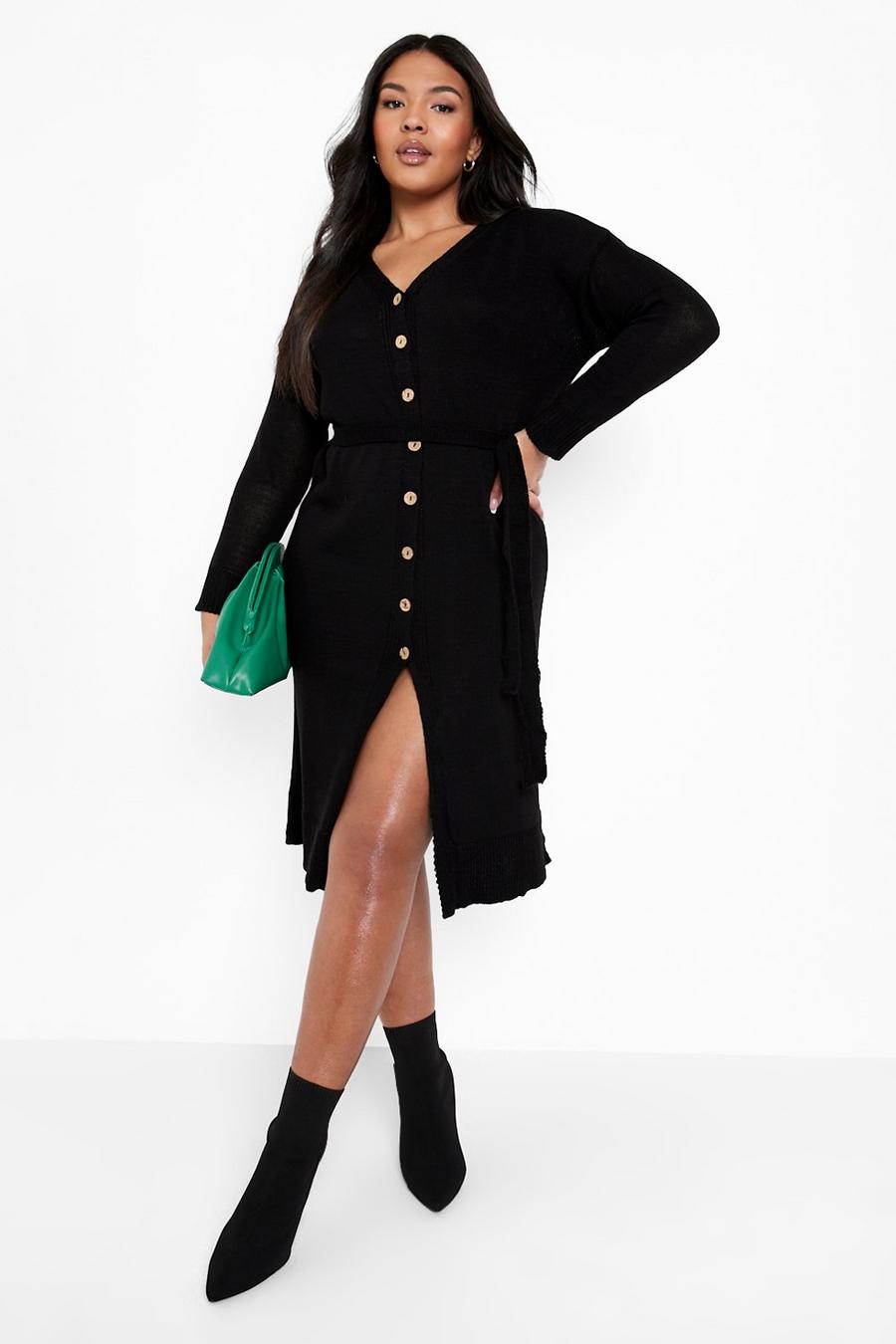 Black Plus Belted Knitted Button Down Midi Dress image number 1