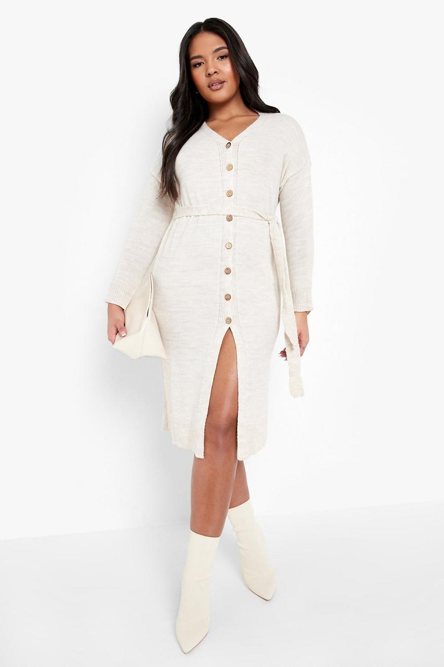 Stone Plus Belted Knitted Button Down Midi Dress image number 1
