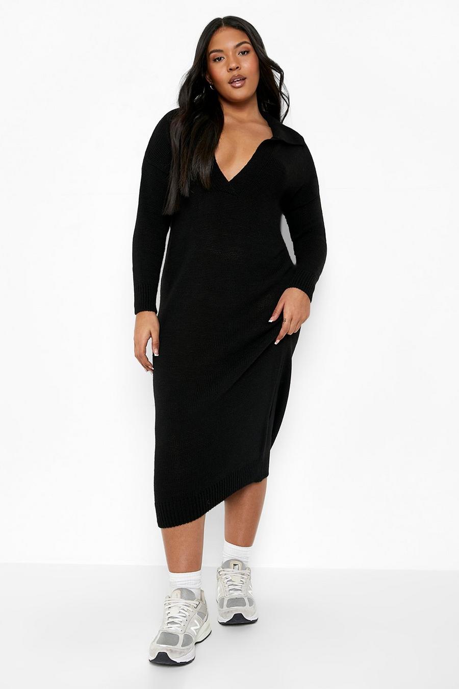Black Plus Collared Knitted Midi Dress image number 1