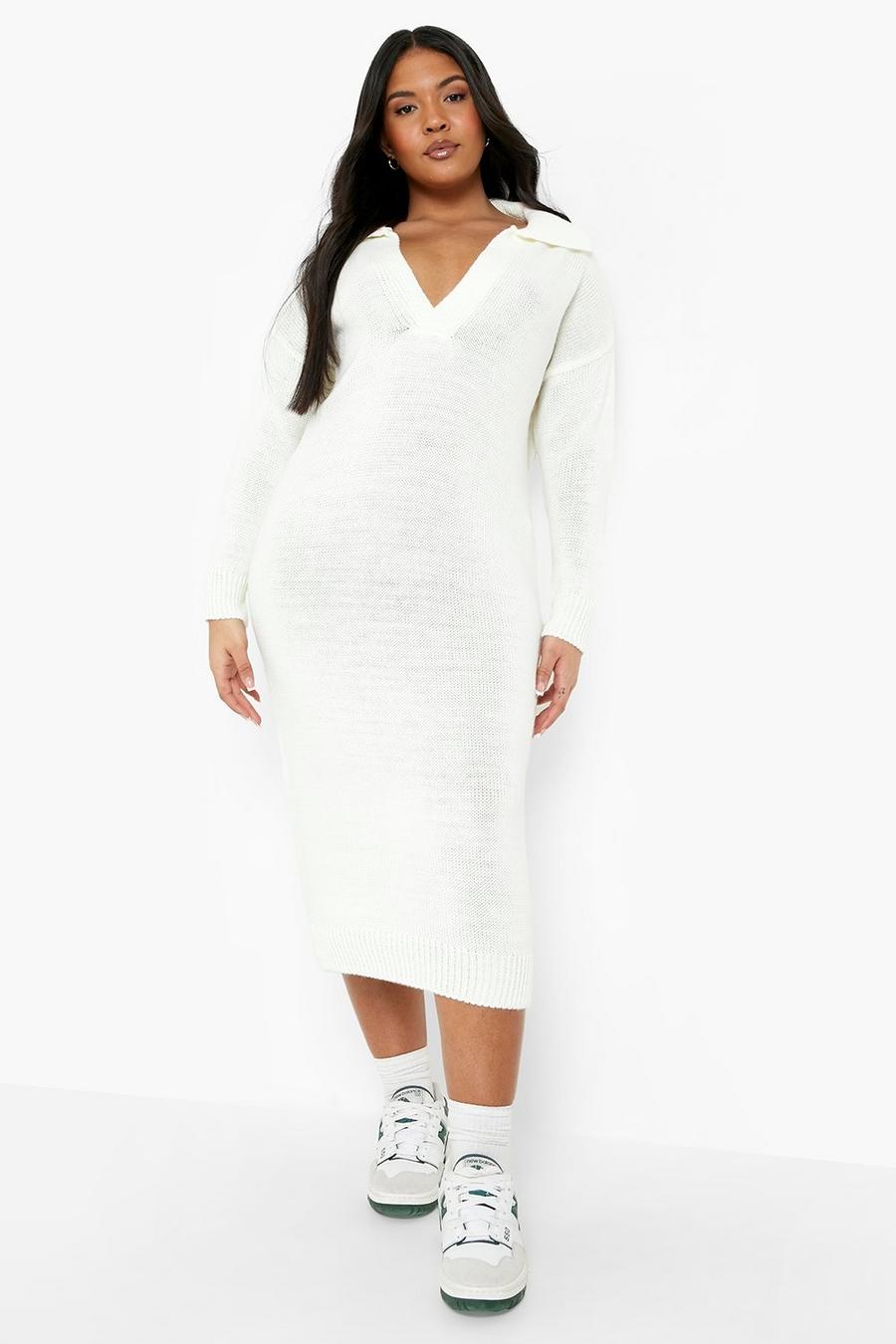 Cream white Plus Collared Knitted Midi Dress