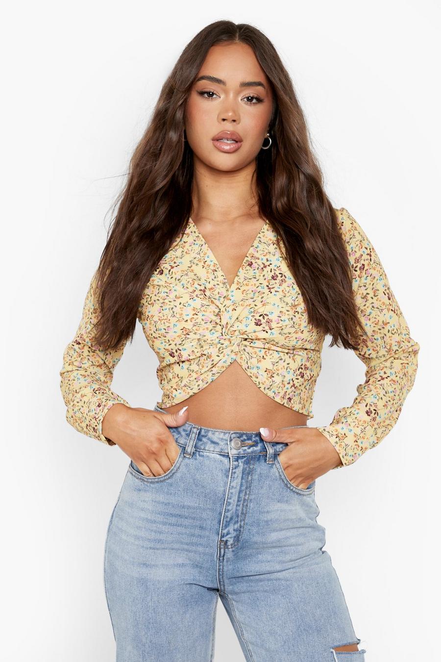 Yellow Twist Front Floral Crop Top  image number 1