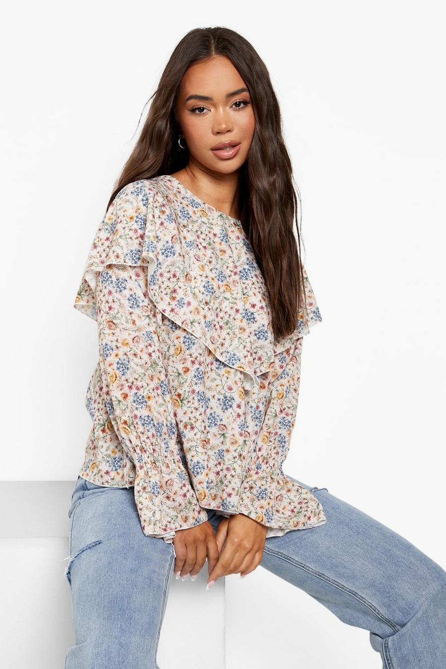 Cream Floral High Neck Ruffle Smock Top  image number 1