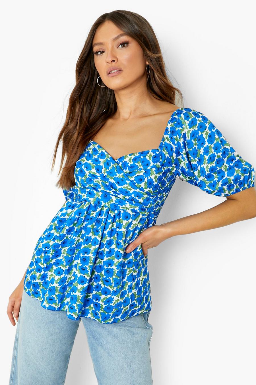 Blue Floral Puff Sleeve Twist Front Smock Top image number 1