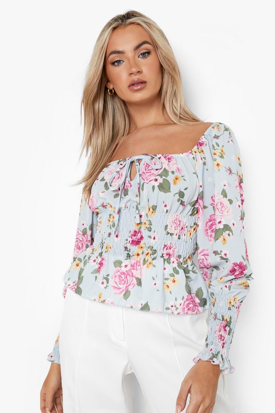 Light blue Floral Puff Sleeve Shirred Waist Top image number 1