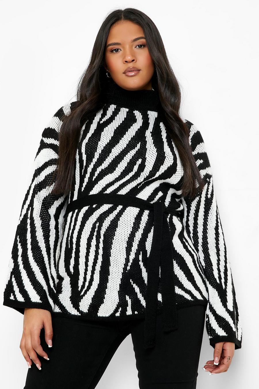 Black Plus Zebra Turtleneck Belted Sweater image number 1