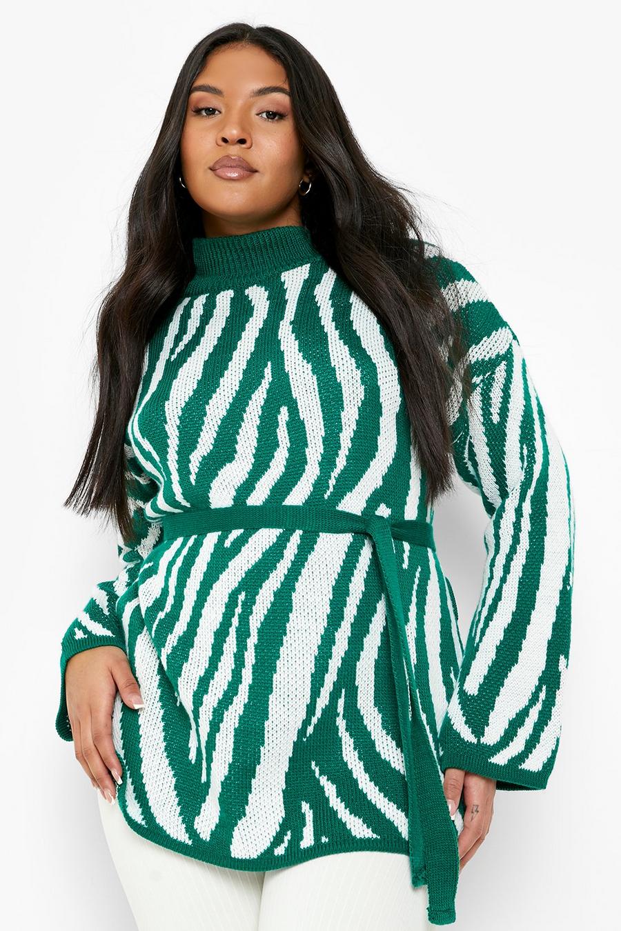 Maglione Plus Size zebrato con collo alto e cintura, Green verde
