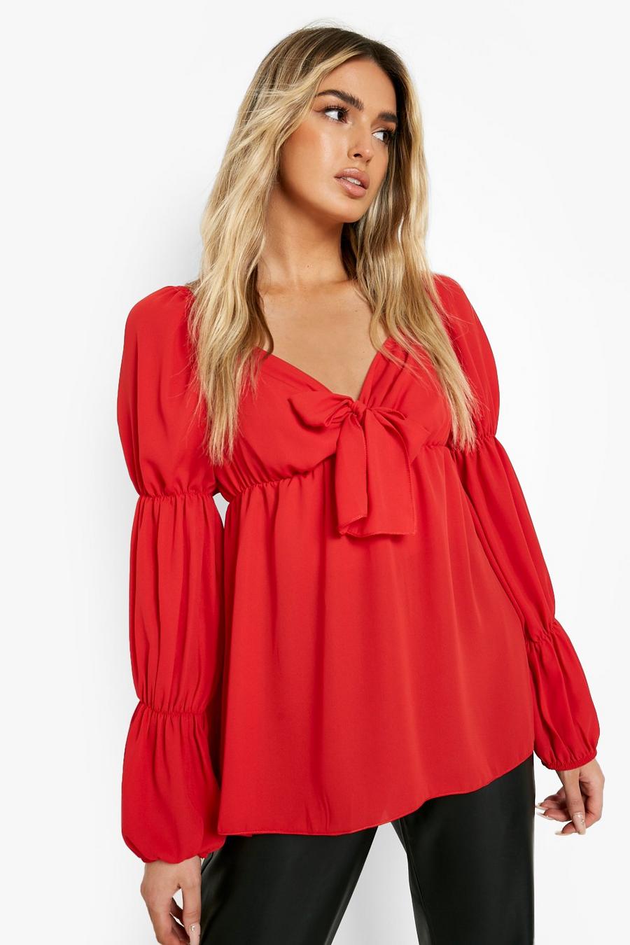 Red Volume Sleeve Tie Front Blouse  image number 1