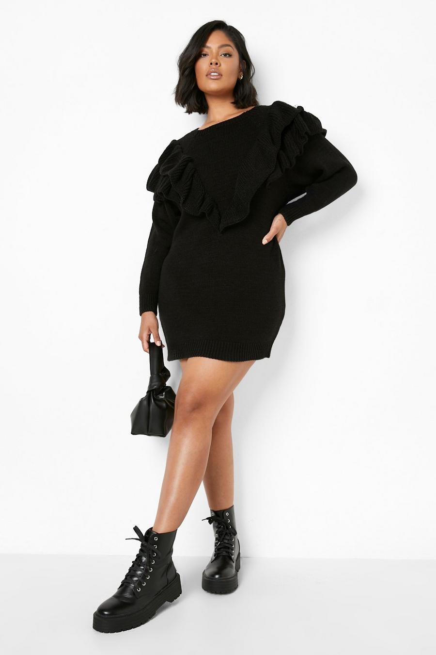 Black Plus Frill Detail Sweater Dress image number 1