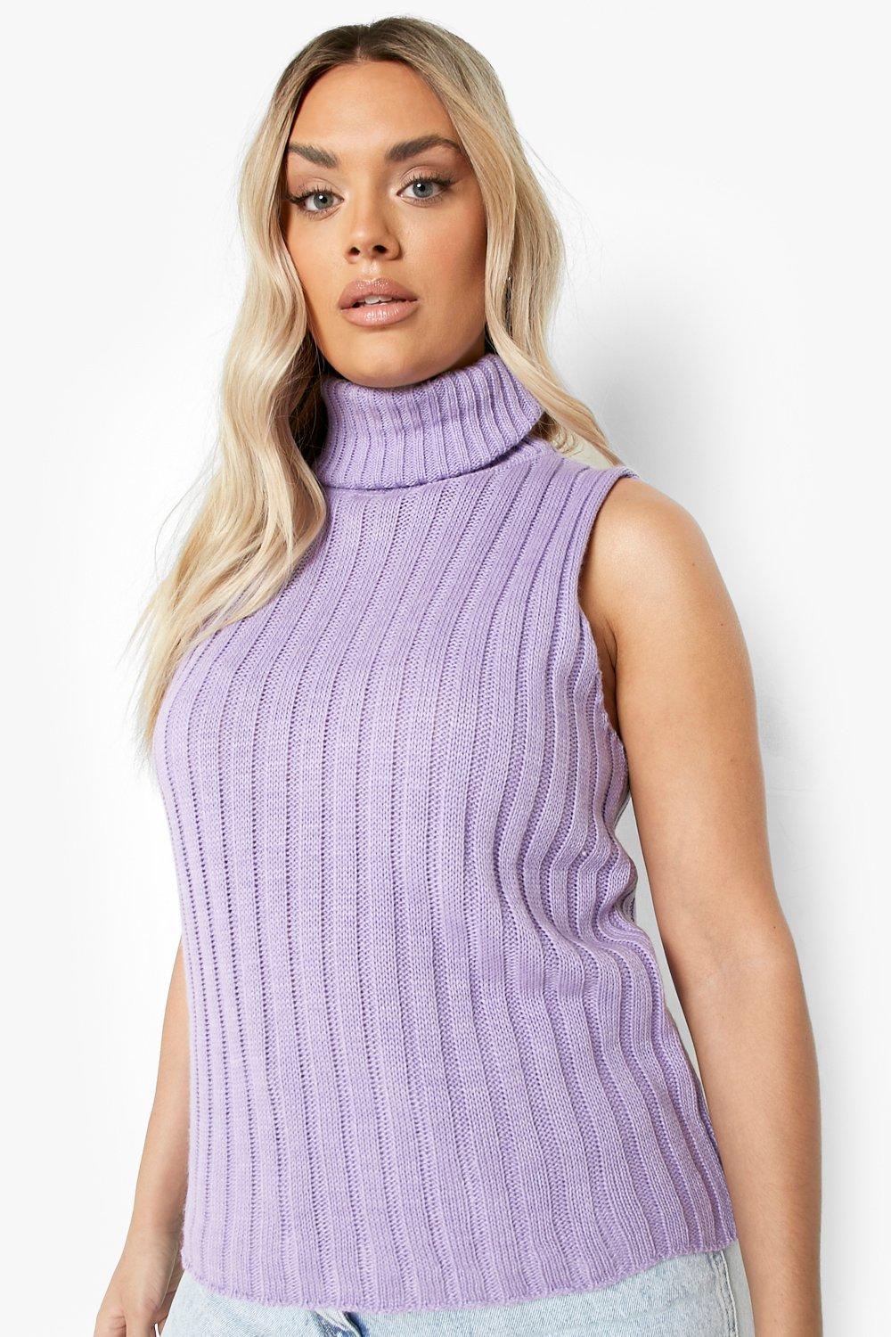 Grande taille Pull sans manches en maille col roul