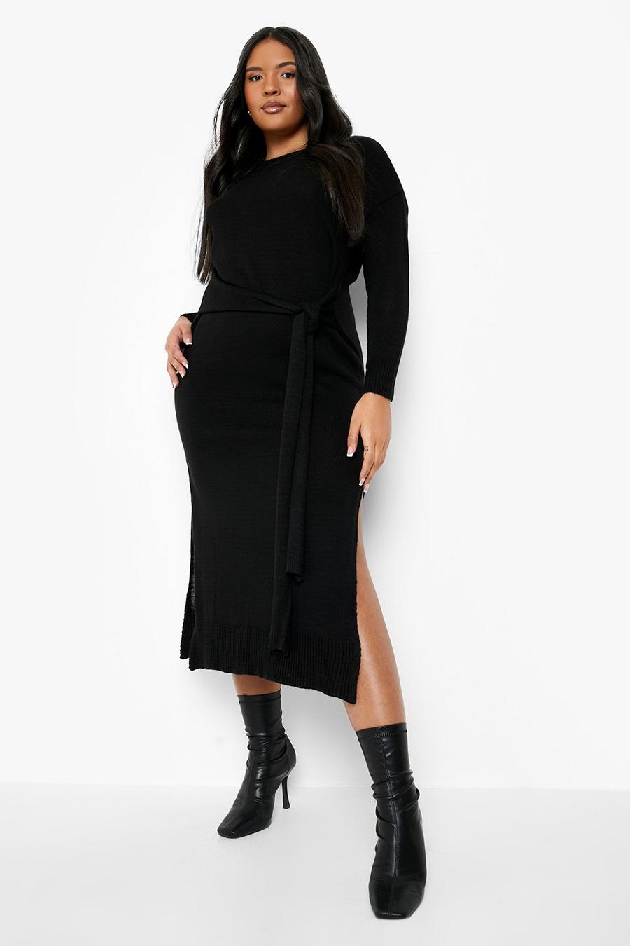 Black Plus Tie Waist Knitted Midi Dress image number 1