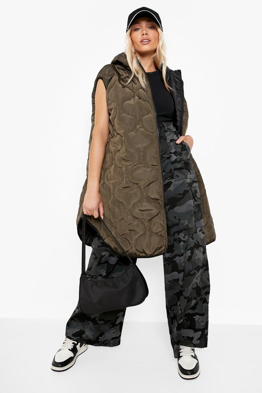Khaki Oversized Hooded Quilt Detail Vest image number 1