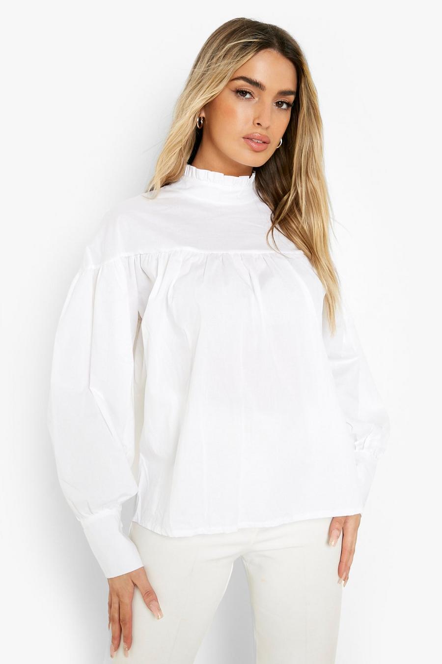 White High Neck Puff Sleeve Poplin Smock Top image number 1