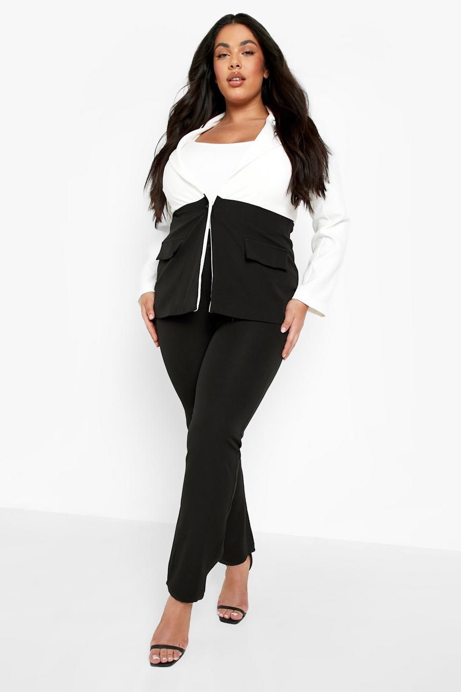 Grande taille - Ensemble blazer style color block et pantalon flare, Black image number 1