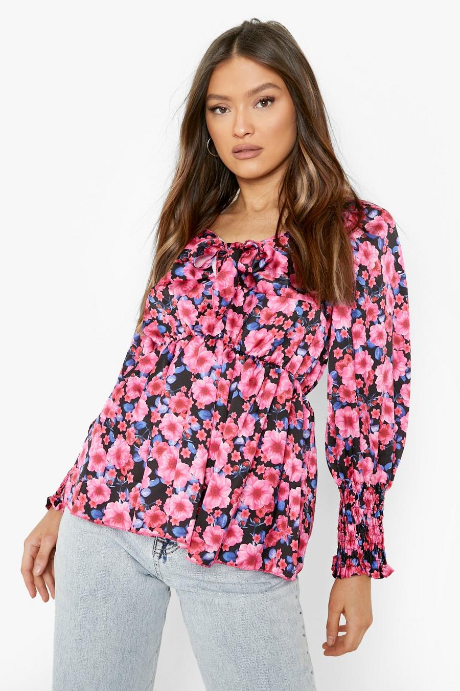 Pink Floral Tie Front Puff Sleeve Blouse image number 1