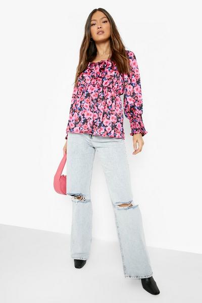 boohoo pink Floral Tie Front Volume Sleeve Blouse