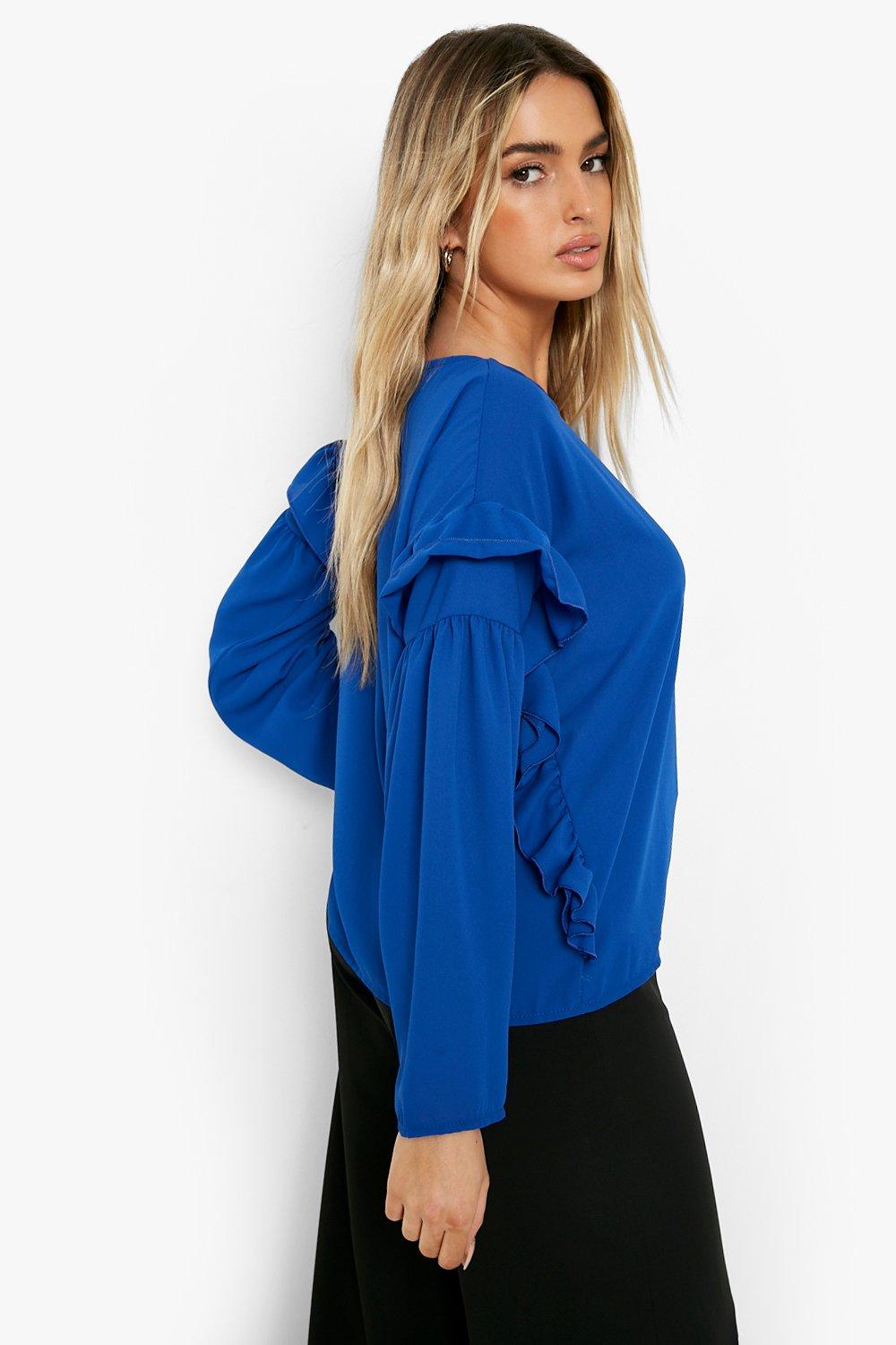 Navy ruffle cheap sleeve top