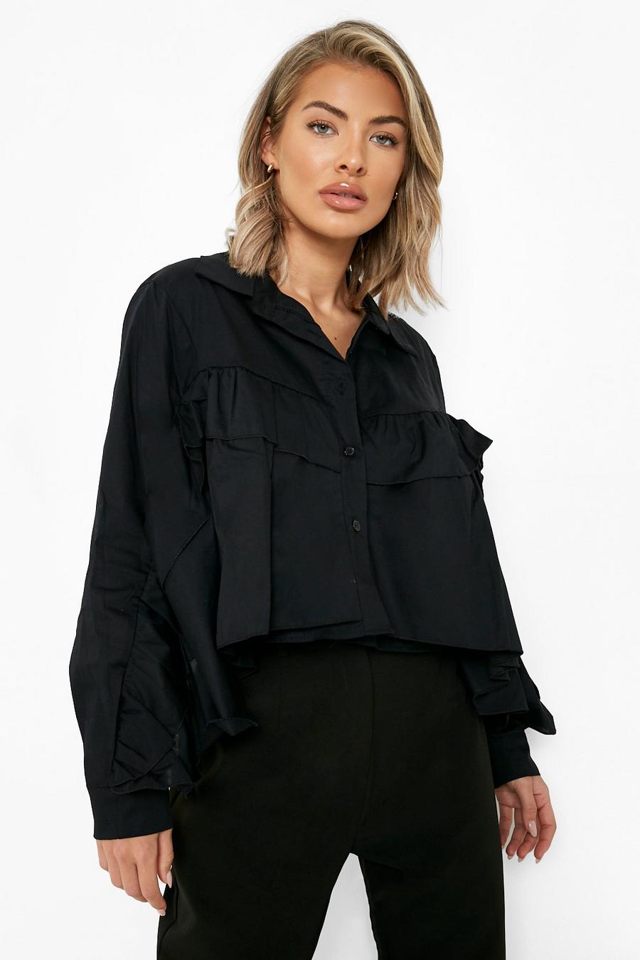 Black Ruffle Detail Cropped Shirt image number 1