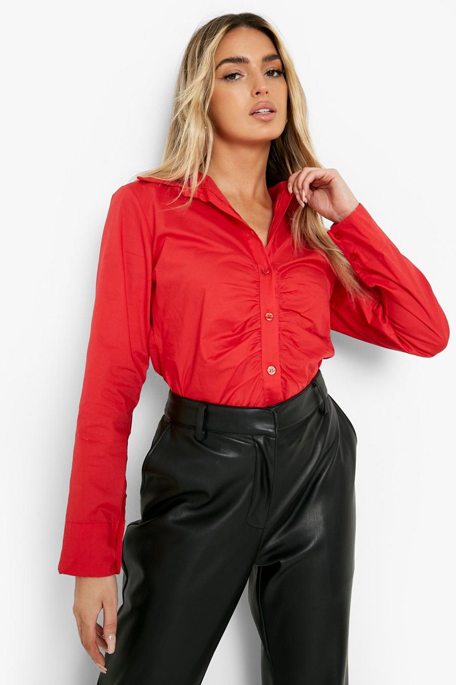 Red Ruched Detail Poplin Shirt  image number 1