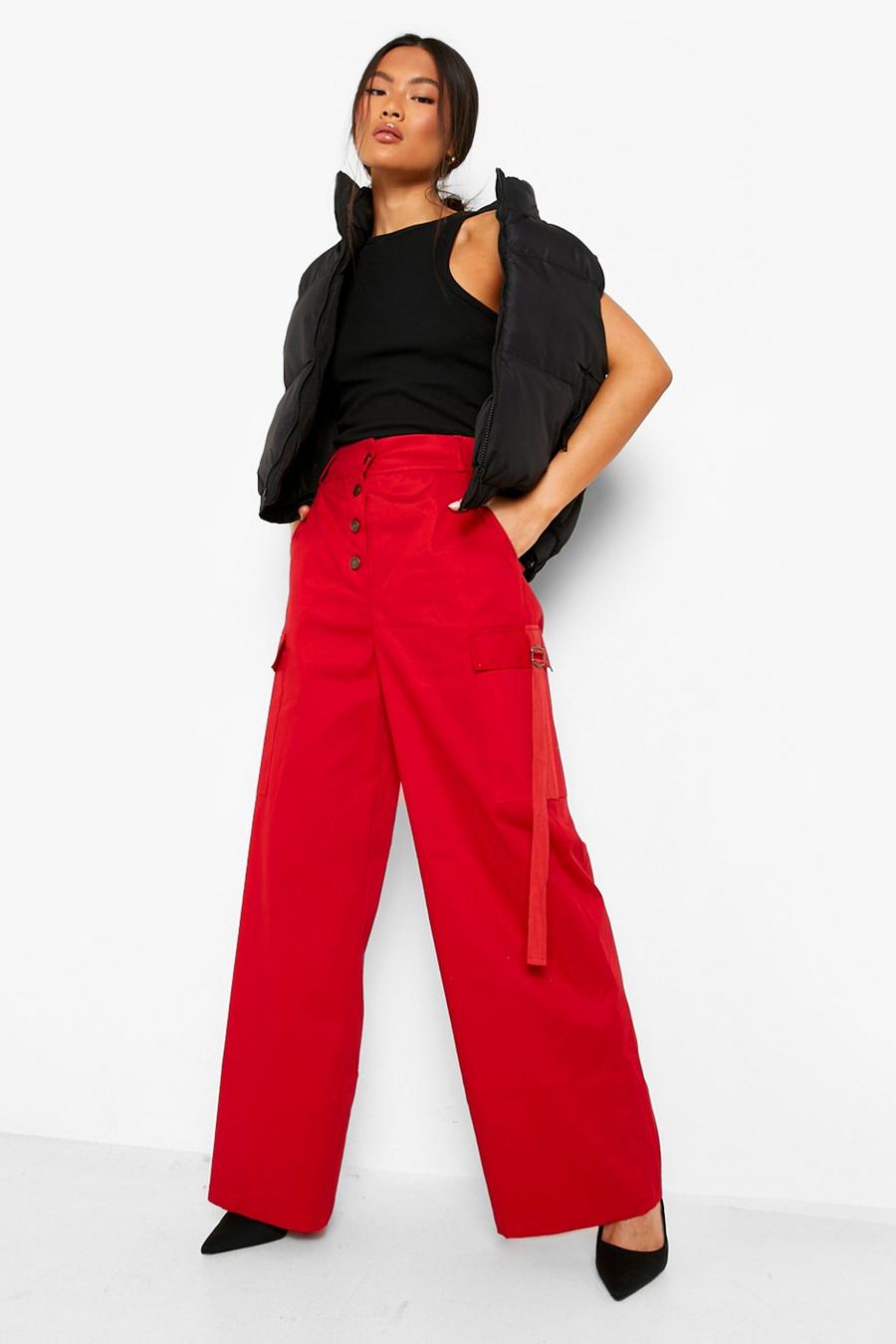 Red rosso Tab Side Pocket Cargo Wide Leg Trouser