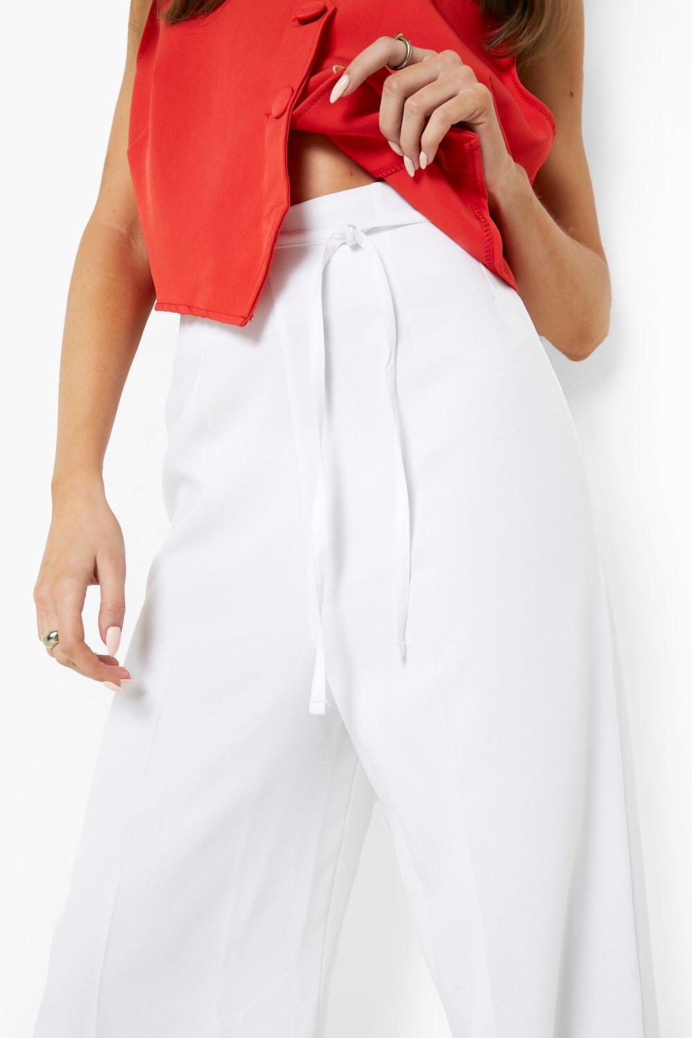 Tie High Waist Turn Up Wide Leg Pants | boohoo