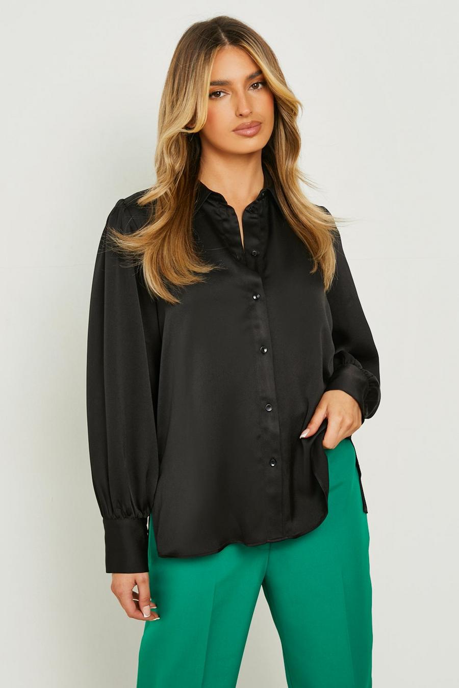 Black Satin Blouson Sleeve Oversized Shirt image number 1