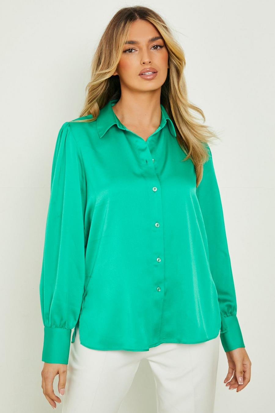 Green Satin Blouson Sleeve Oversized Shirt image number 1