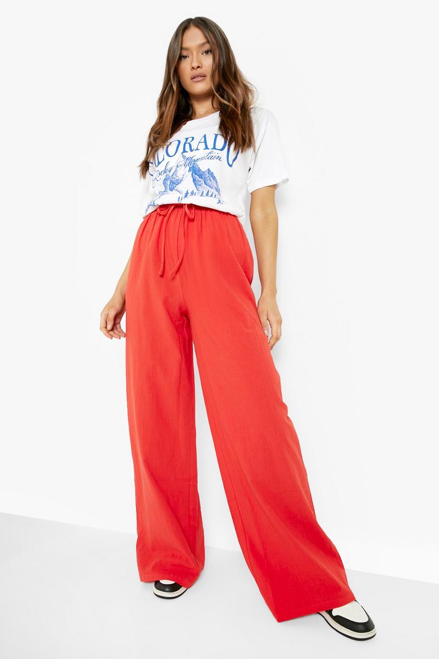 Red Drawstring Lightweight Woven Wide Leg Pants image number 1