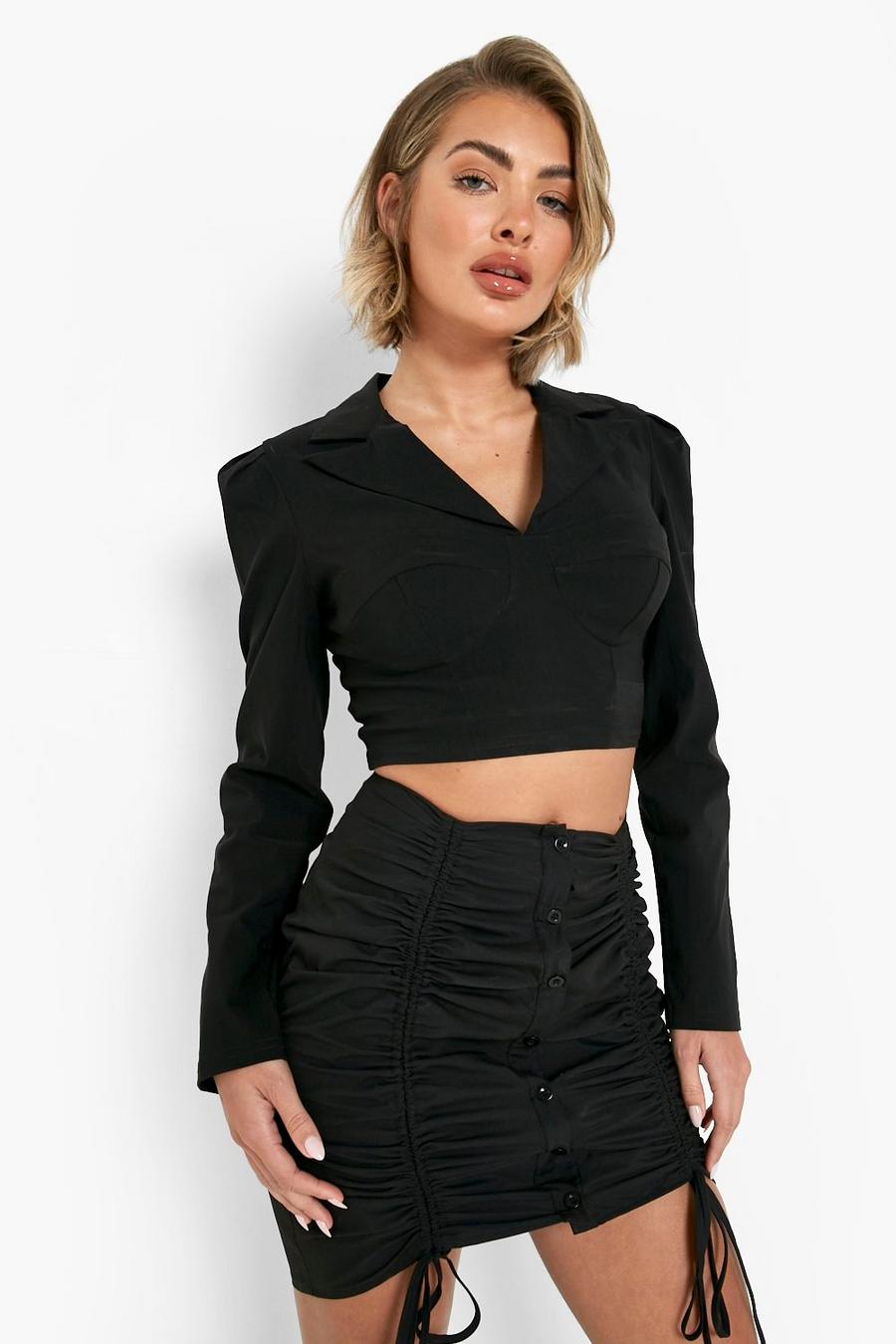 Black svart Ruched Button Front Mini Skirt