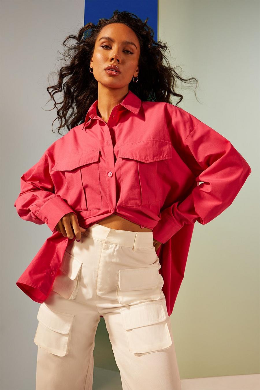 Chemise oversize style utilitaire en coton à poches, Bright pink