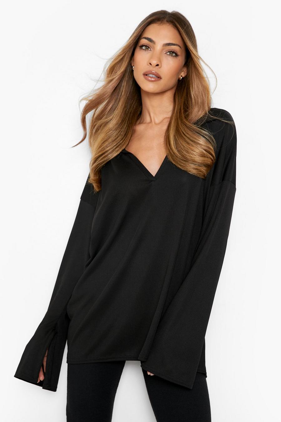 Black Collared Flare Sleeve Loose Fit Top image number 1