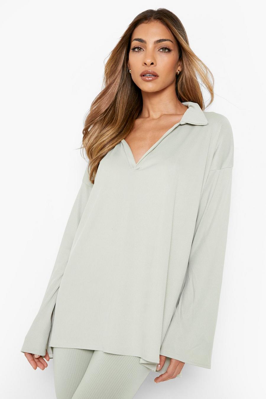 Sage green Collared Flare Sleeve Loose Fit Top