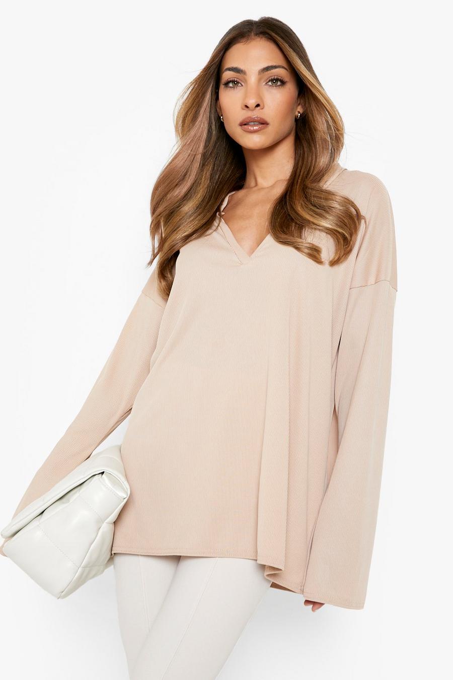 Stone beige Collared Flare Sleeve Loose Fit Top