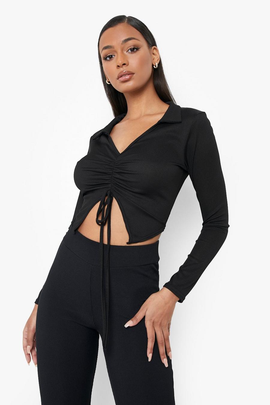 Black Rib Ruched Front Collared Top image number 1