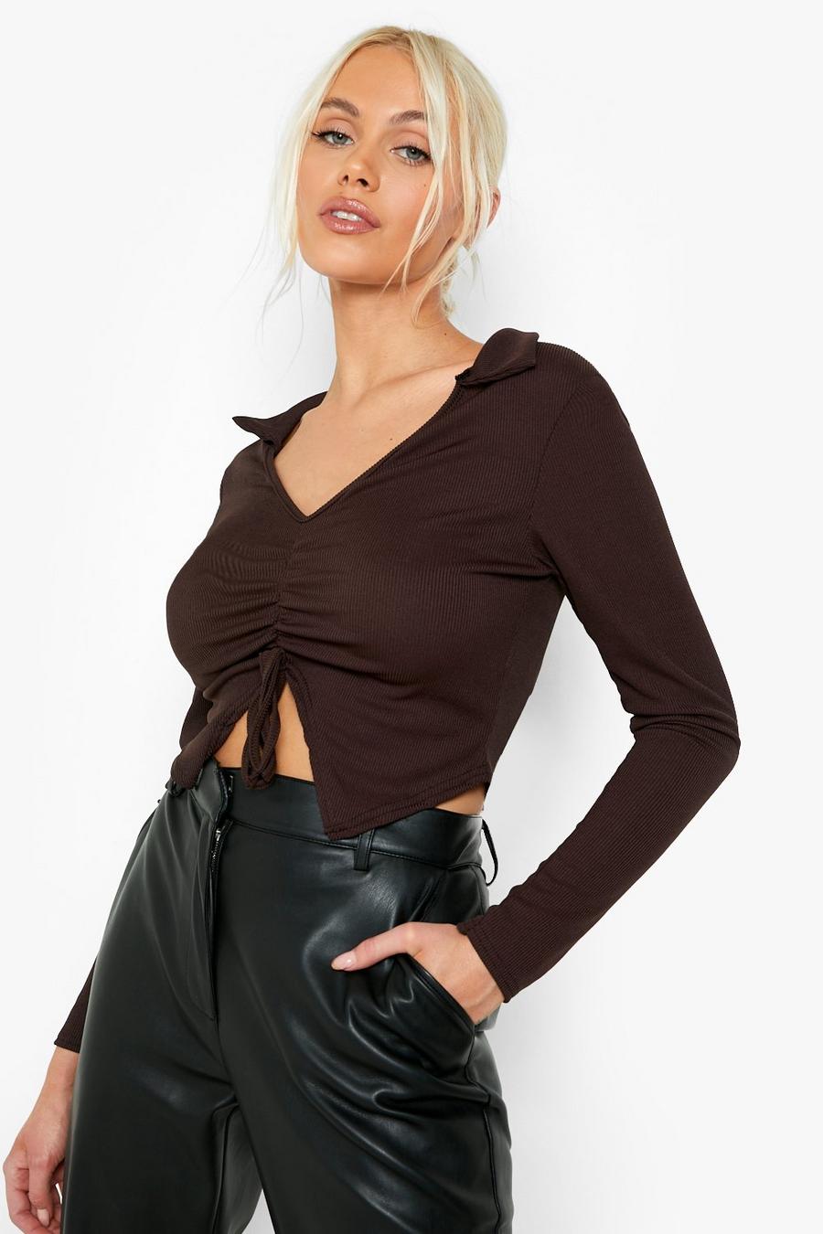 Chocolate brown Rib Ruched Front Collared Top