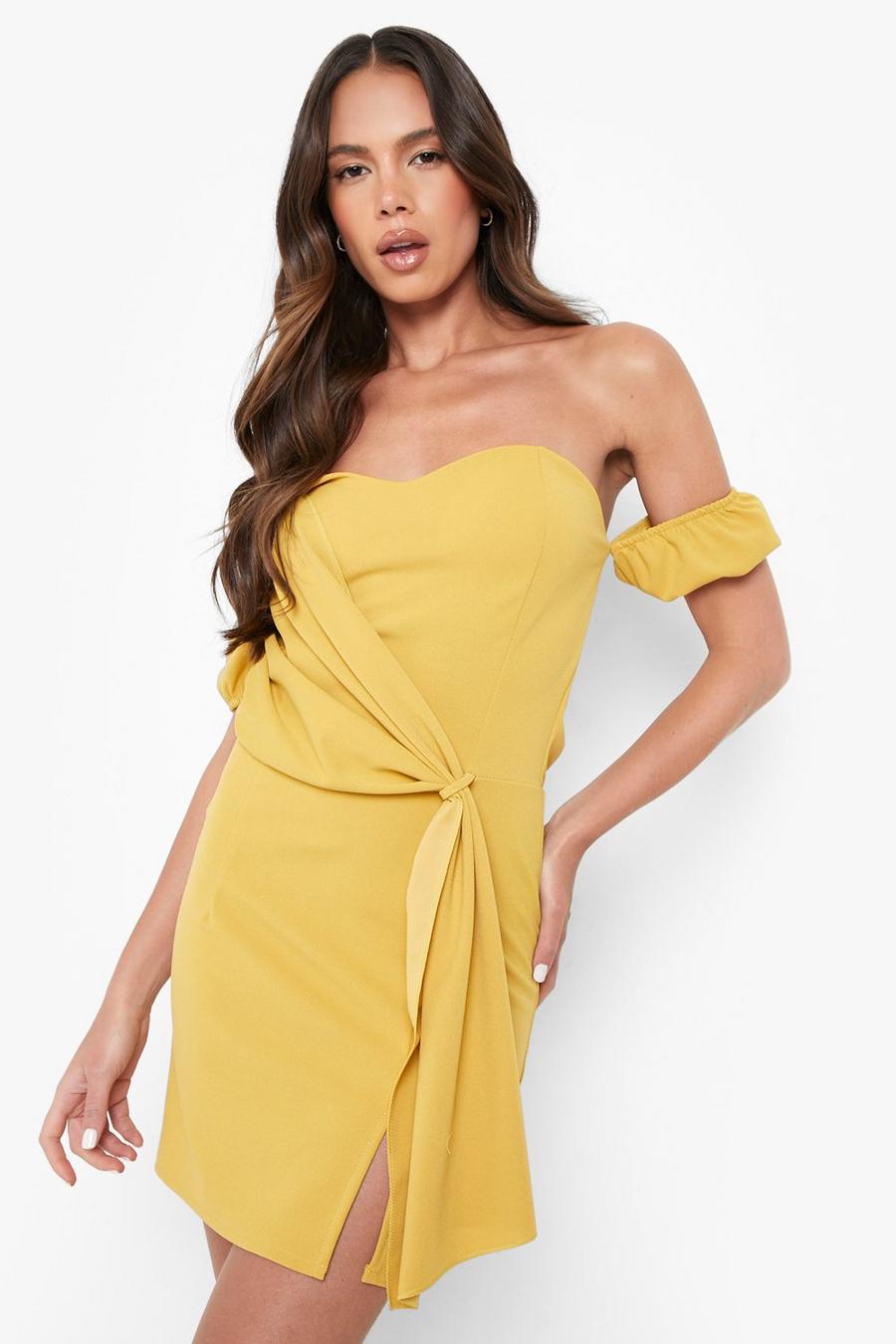 Mustard Puff Sleeve Drape Detail Mini Dress image number 1