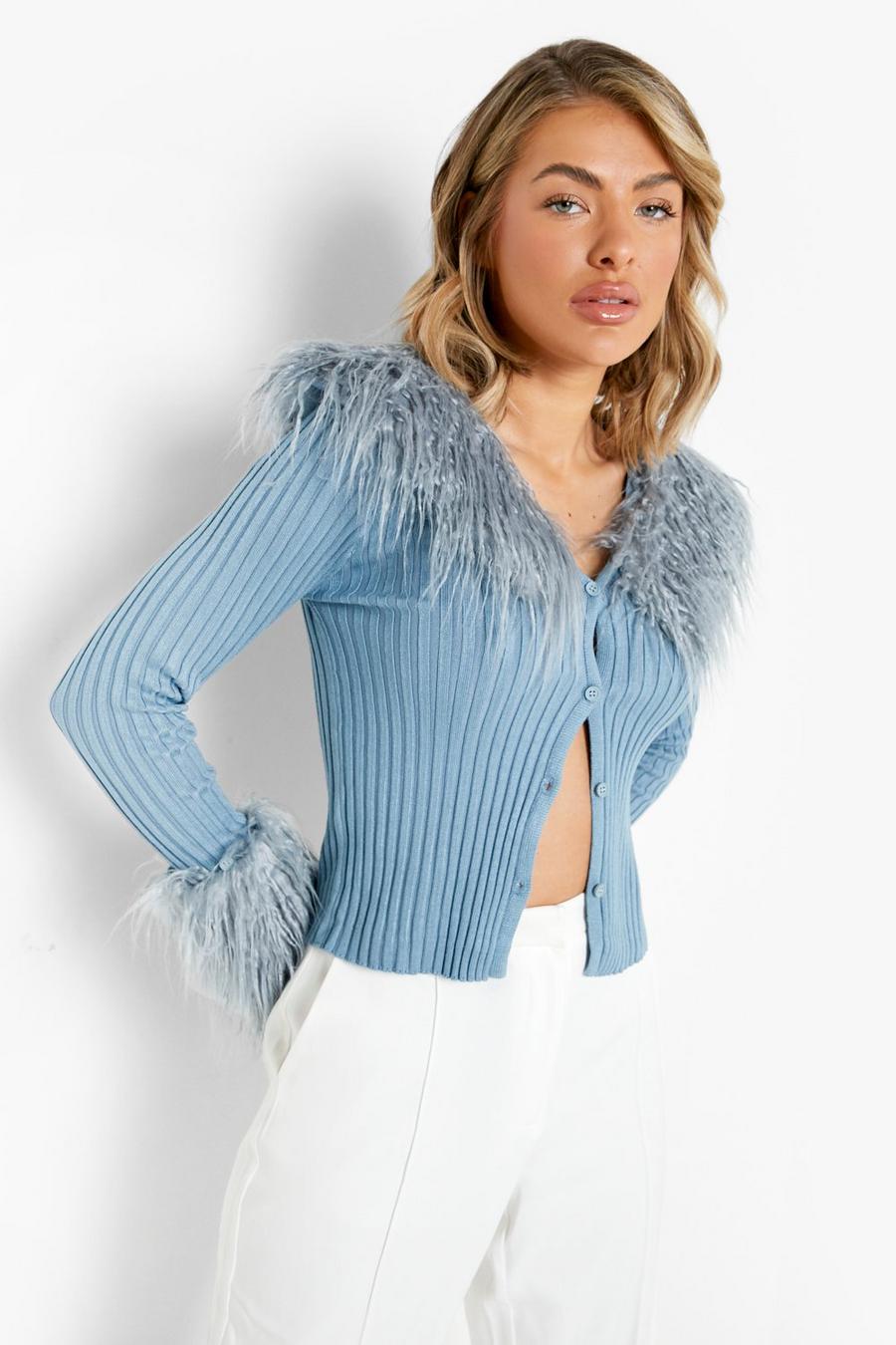 Blue Faux Feather Trim Rib Knit Cardigan  image number 1