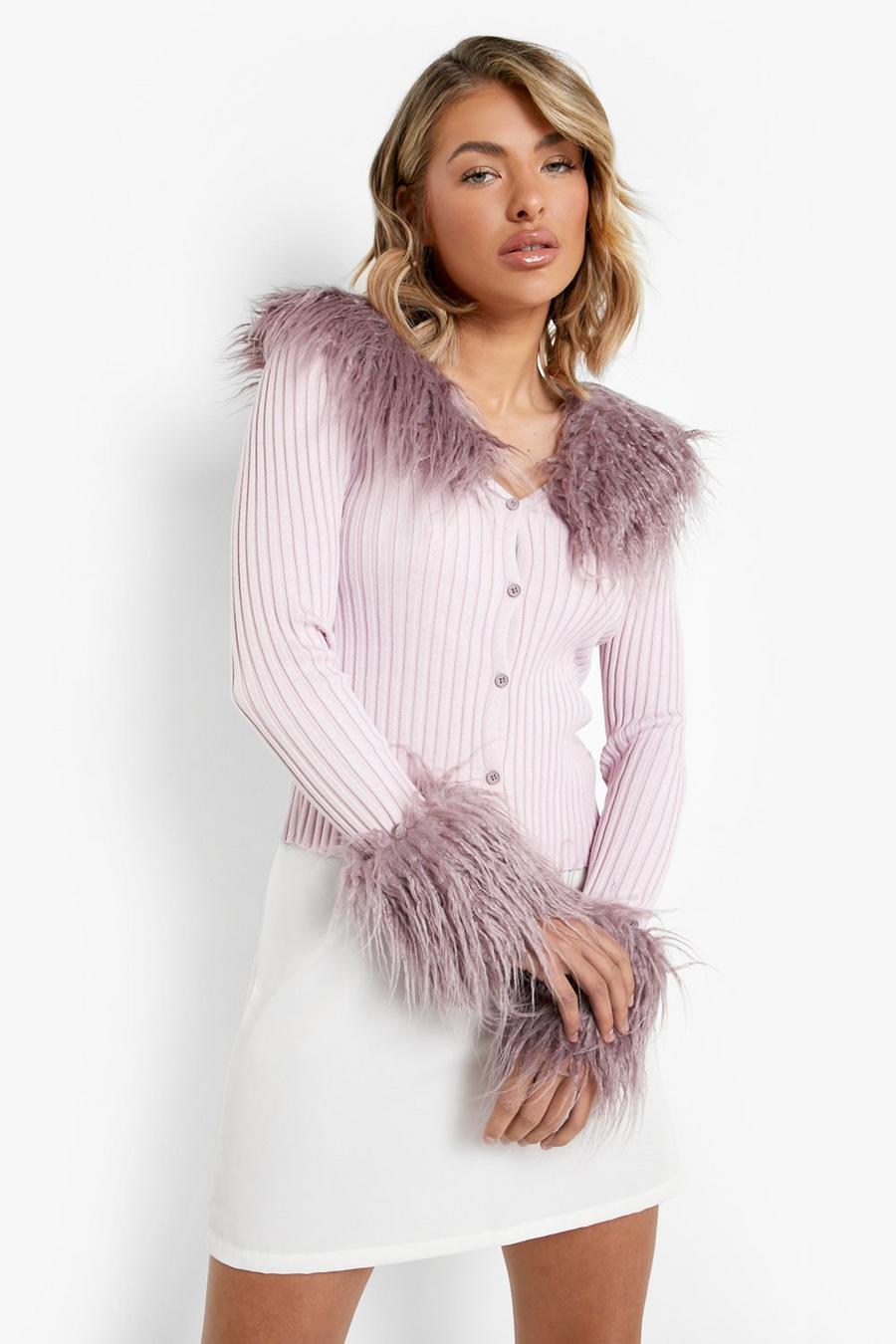 Lilac Faux Feather Trim Rib Knit Cardigan  image number 1