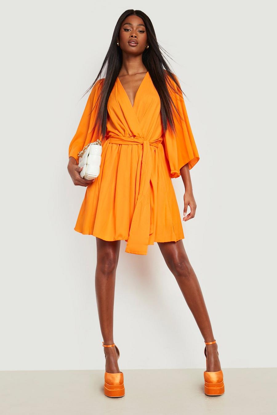 Orange Pleat Detail Wide Sleeve Skater Dress