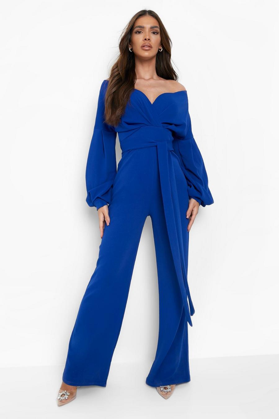 Royal Blue Satin Jumpsuit With High Collar And Long Sleeves For Prom,  Evening Party, And Floor Length Elegant Evening Trousers From Alegant_lady,  $113.38