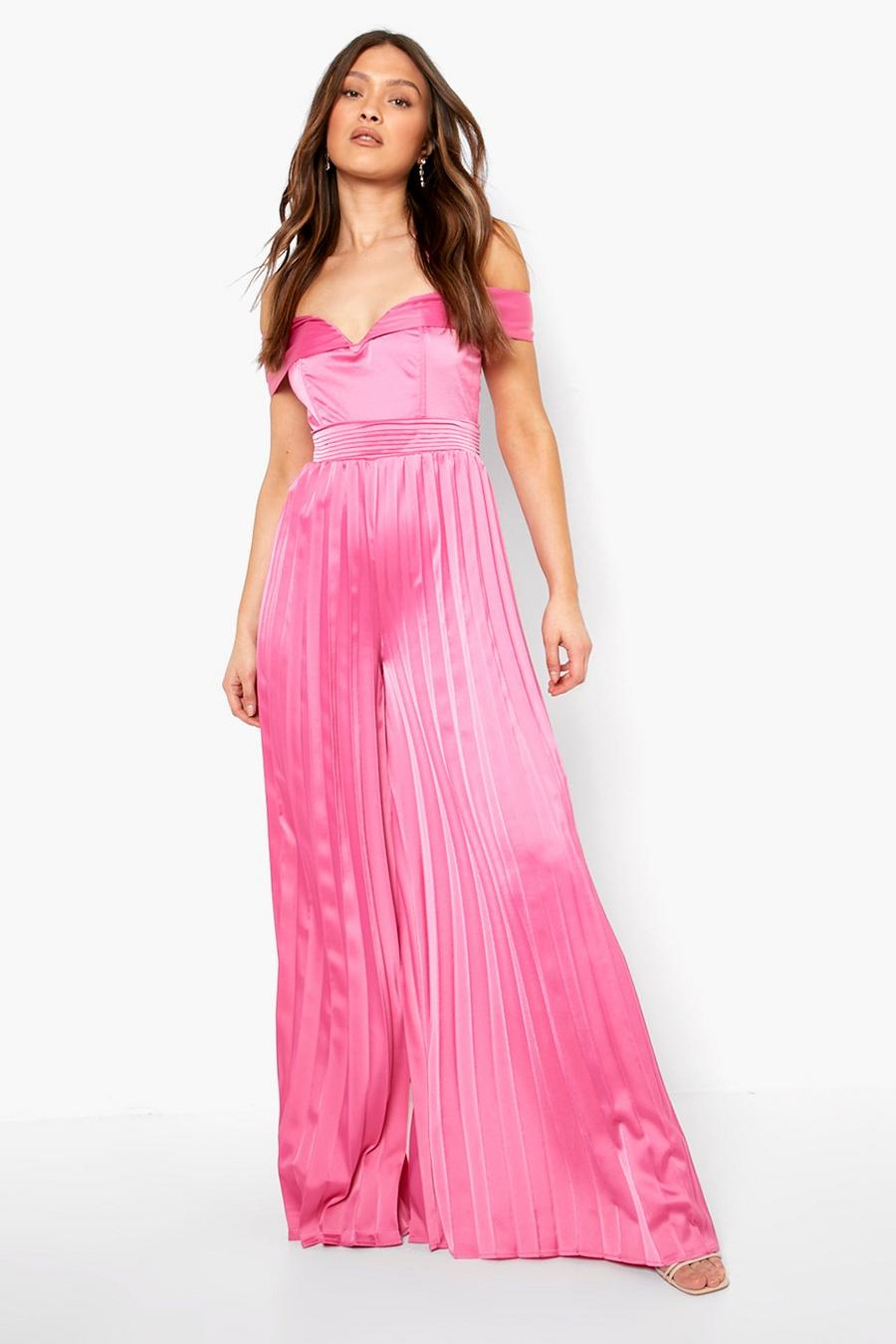 Hot pink Satin Off The Shoulder Pleated Wide Leg Jumpsuit