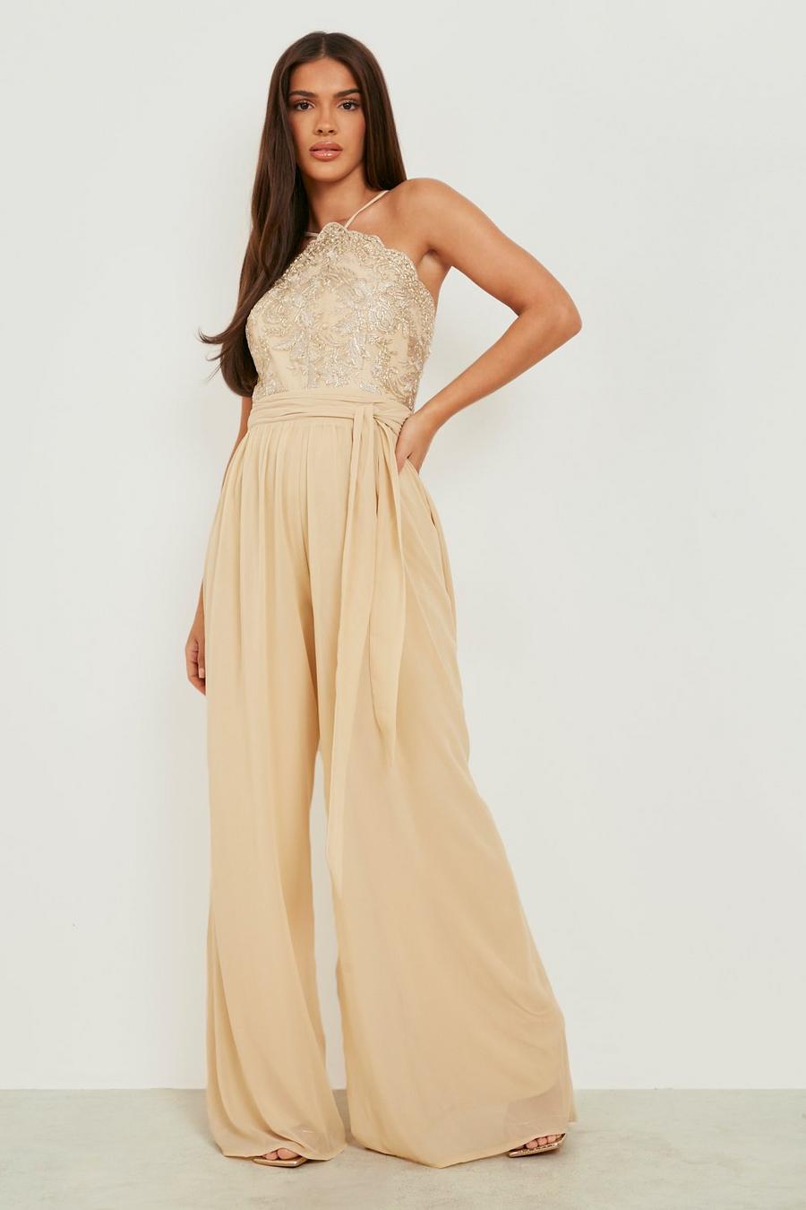 Champagne Lace Strappy Wide Leg Jumpsuit image number 1