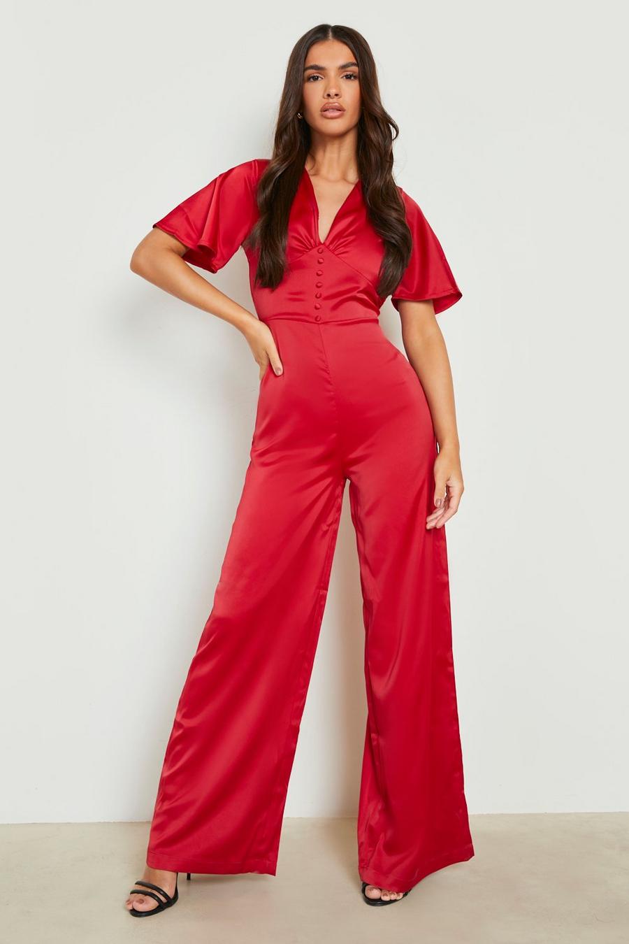 Raspberry pink Satin Button Detail Wide Leg Jumpsuit image number 1