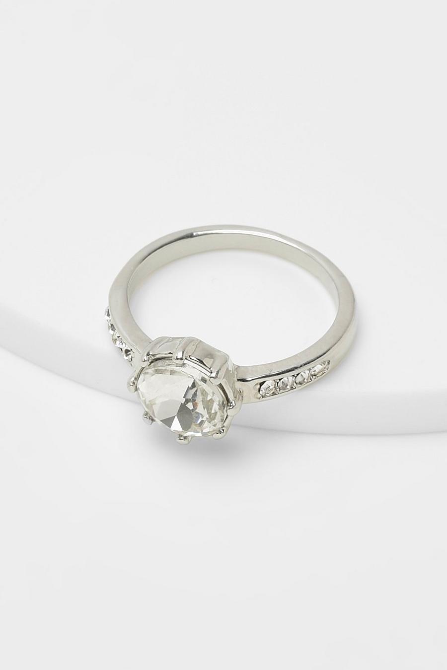 Silver Solitaire Diamante Statement Ring  image number 1