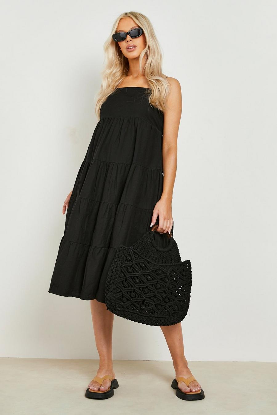 Black Maternity Premium Linen Tiered Midi Dress image number 1