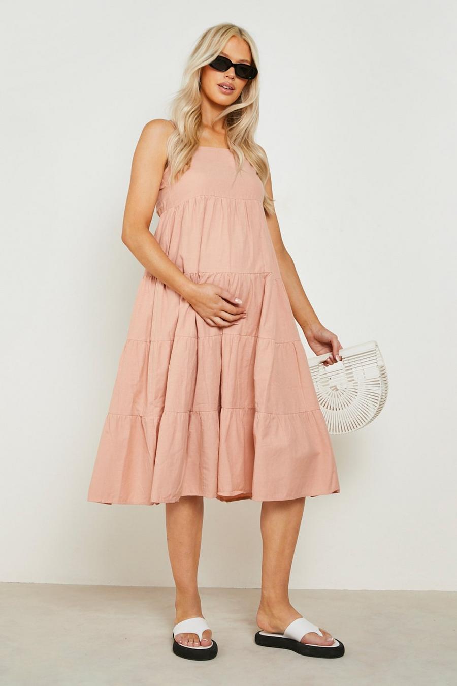Peach Maternity Premium Linen Tiered Midi Dress image number 1